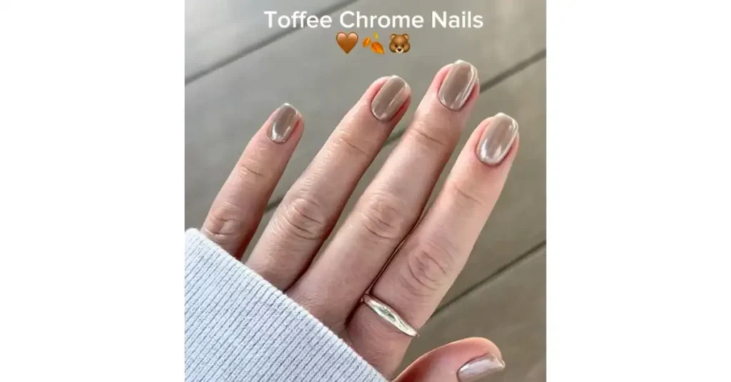 5. Toffee beige acrylic nails with a chrome finish