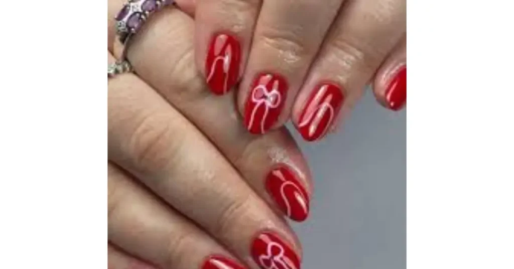 37. Red acrylic nails with pink bows