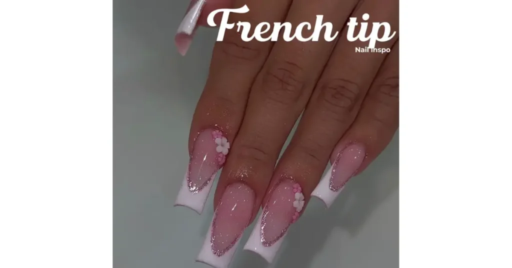 36. Long acrylic nails with French tip gems