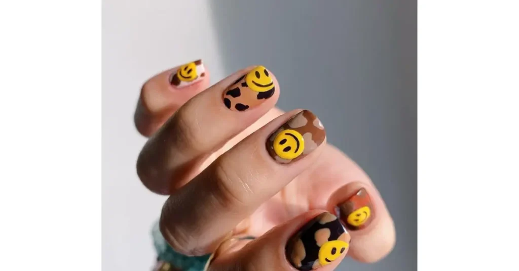 19. Minimalist brown checkered nails with yellow smiley faces