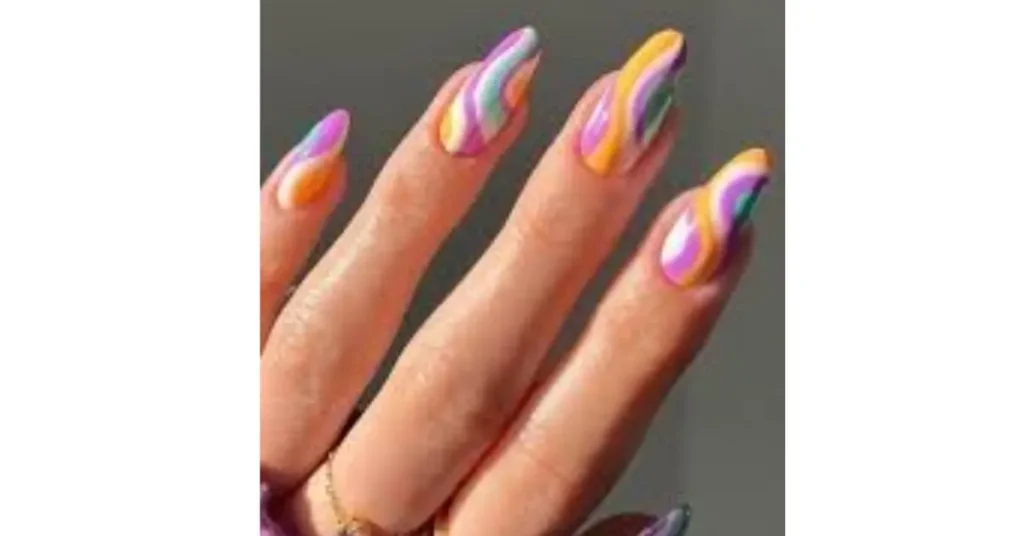 49. Multicoloured groovy swirl French tip acrylic nails