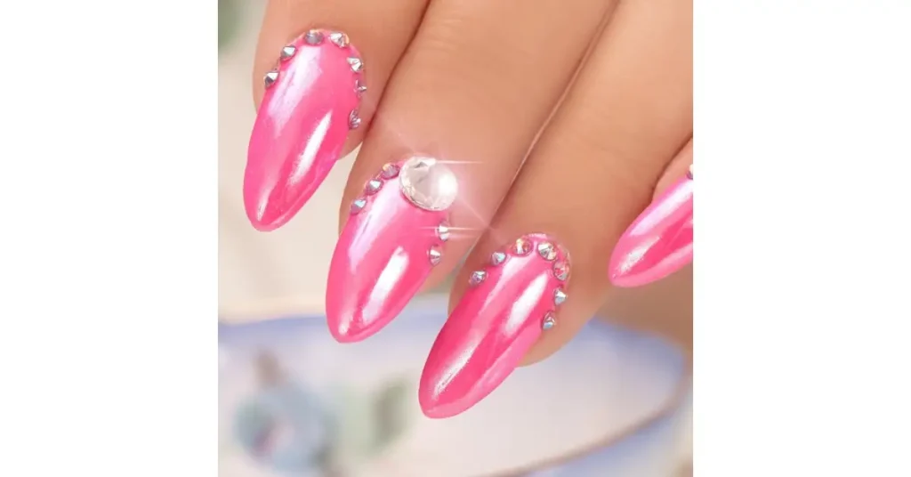 55. Chrome and glitter sheer acrylic pink nails