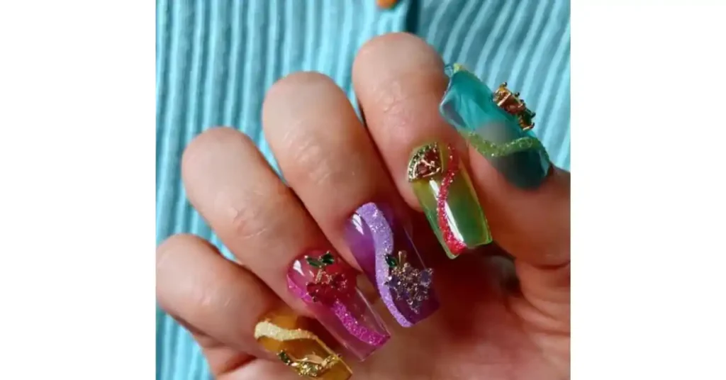 66. Glassy multicolored coffin nails with 3D fruit charms