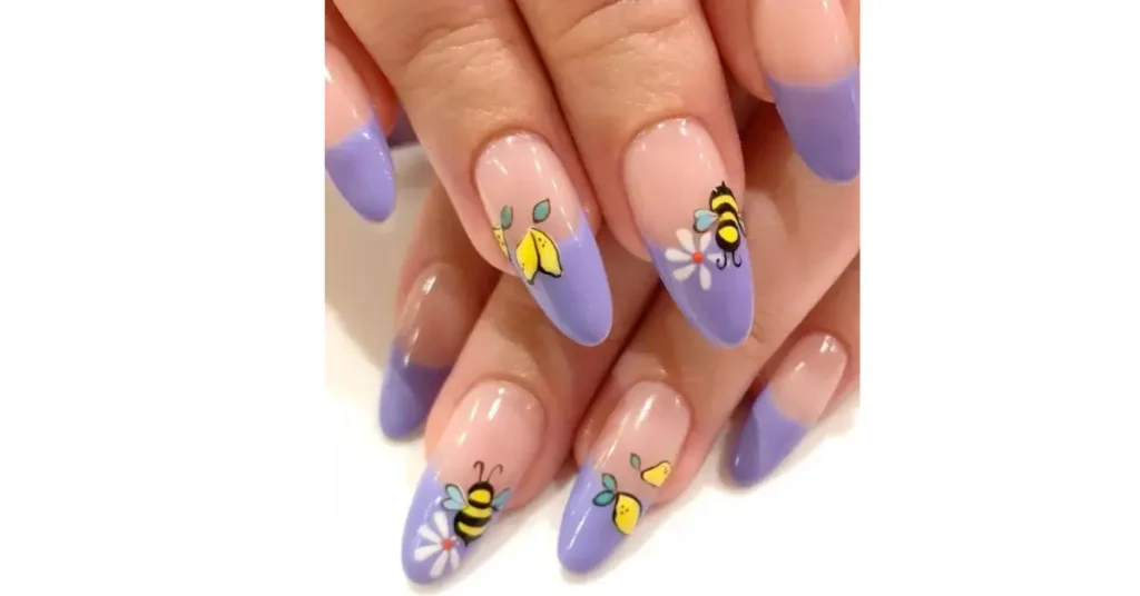 67. Lavender French tip spring nails with flowers and bees