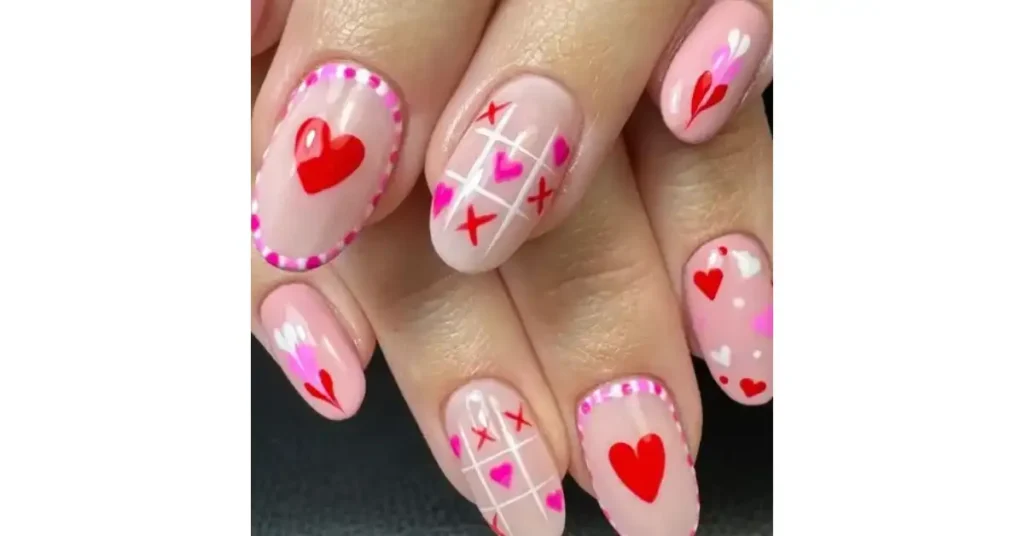 68. Noughts and crosses mismatched Valentine’s manicure