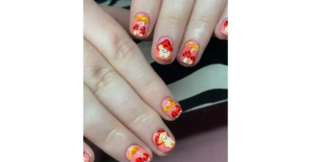 71. Fall short magic mushroom holiday nails